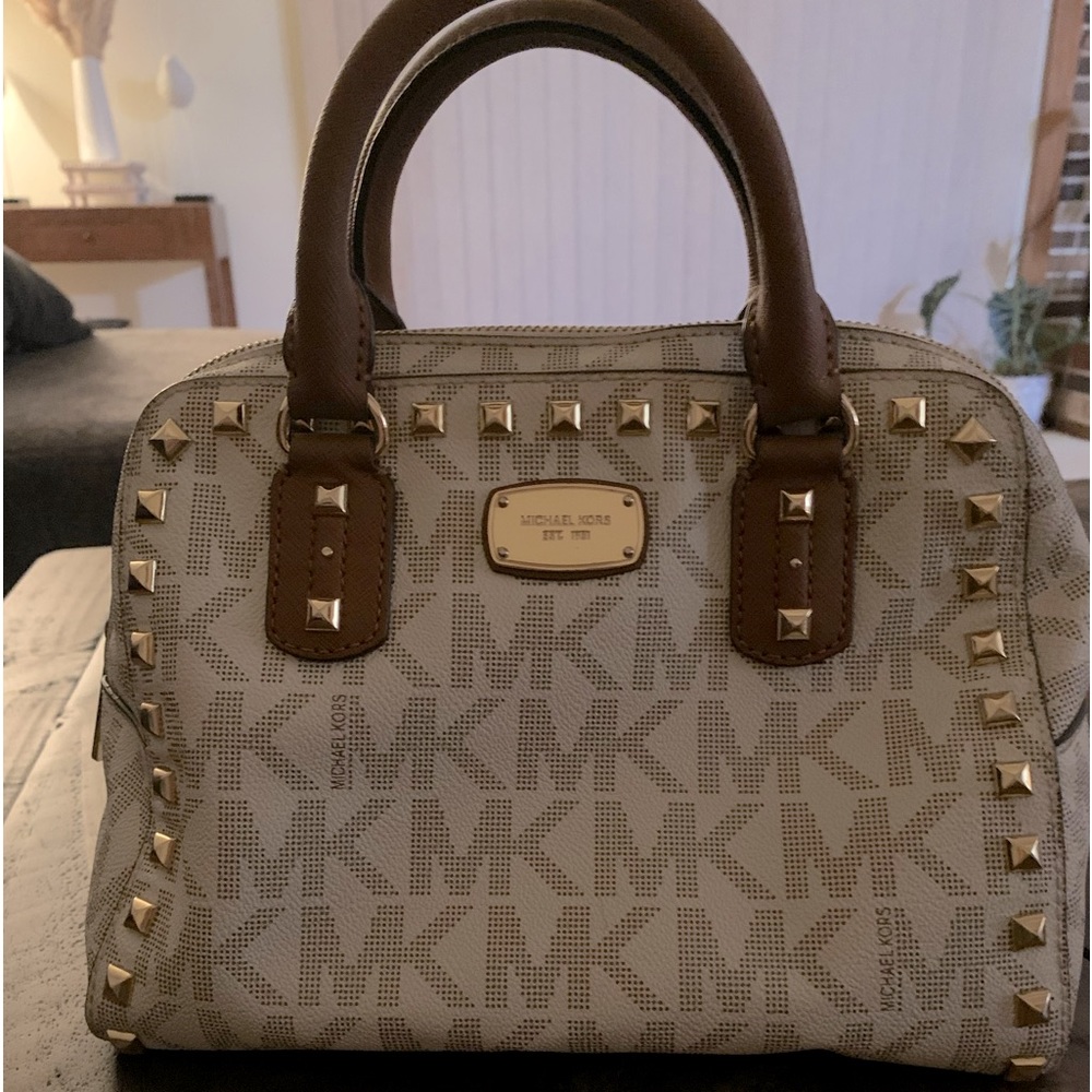 Michael Kors Beige Logo Satchel with Brown Handles and Gold Hardware